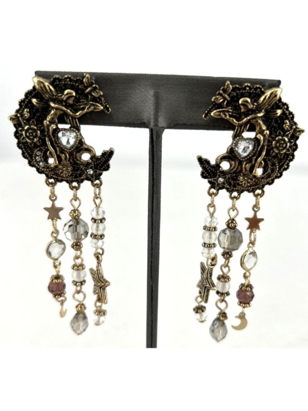 Heidik9 Moon Stars Fairy Earrings Crescent Moon Dangling Stars Goldtone 3"